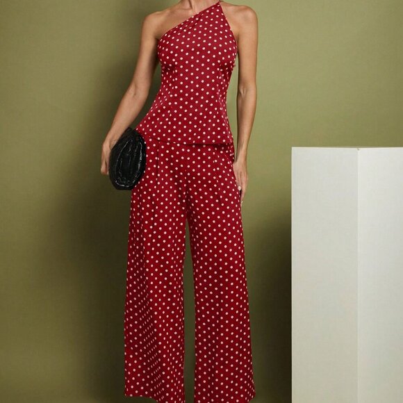 Burgundy Women's Polka Dot Print Sleeveless Top And Wide Leg Pants Set - Picture 1 of 7